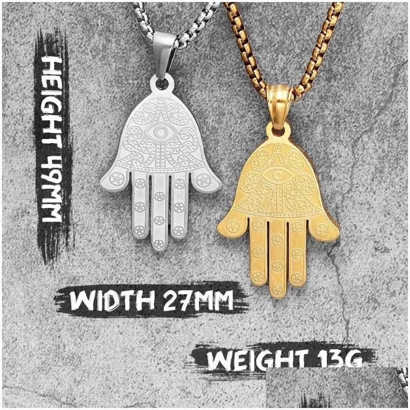 Chains Hand Of Fatima Hamas Lucky Amet Stainless Steel Men Women Necklace Pendant Chain Punk Trendy Jewelry Creativity Gift Drop Deli Dhjlf