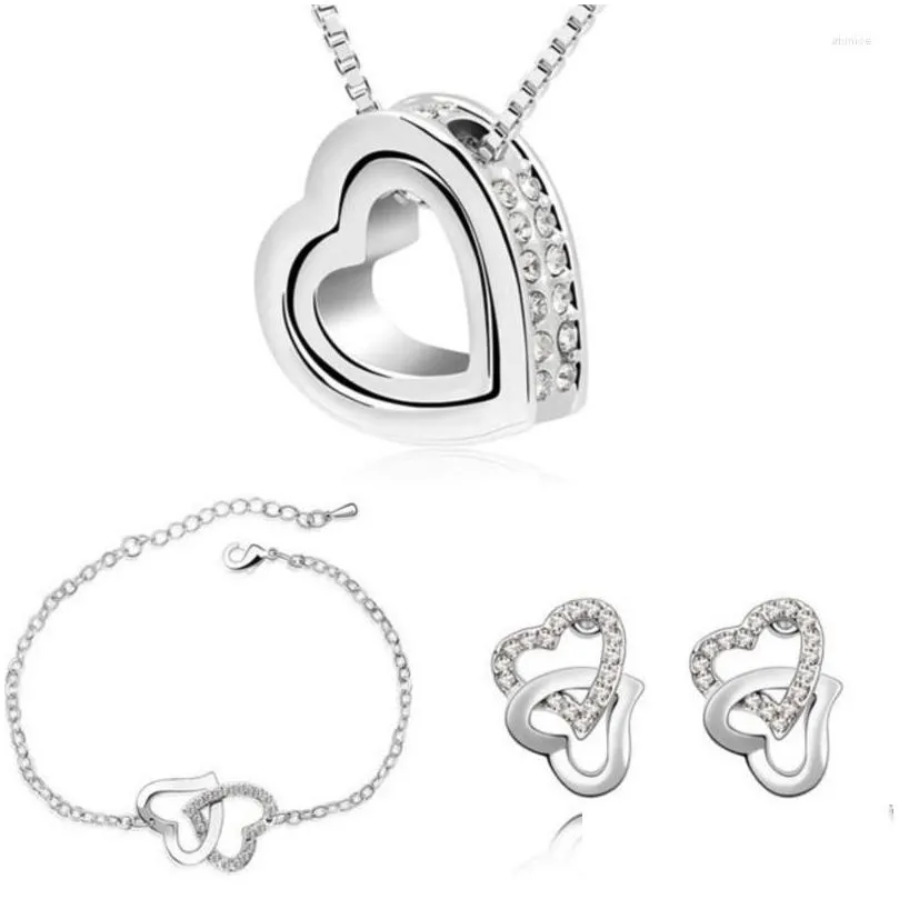 Earrings & Necklace Set Double Heart Pendant Bracelets Fashion Charm Lover Quality Rhinestones Wedding Girl Summer Drop Delivery Jewe Dhbjp