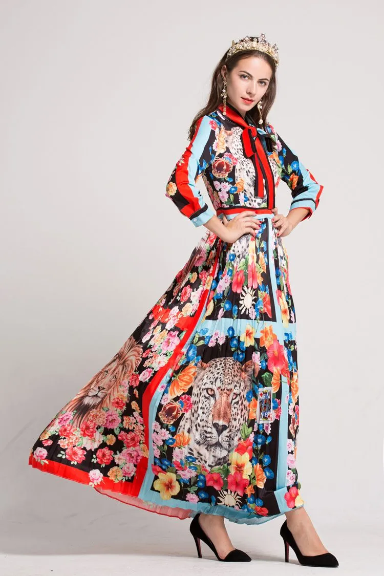 Women`s O Neck Long Sleeves Bow Detailing Floral Printed Striped Pleated Elegant Maxi Runway Dresses