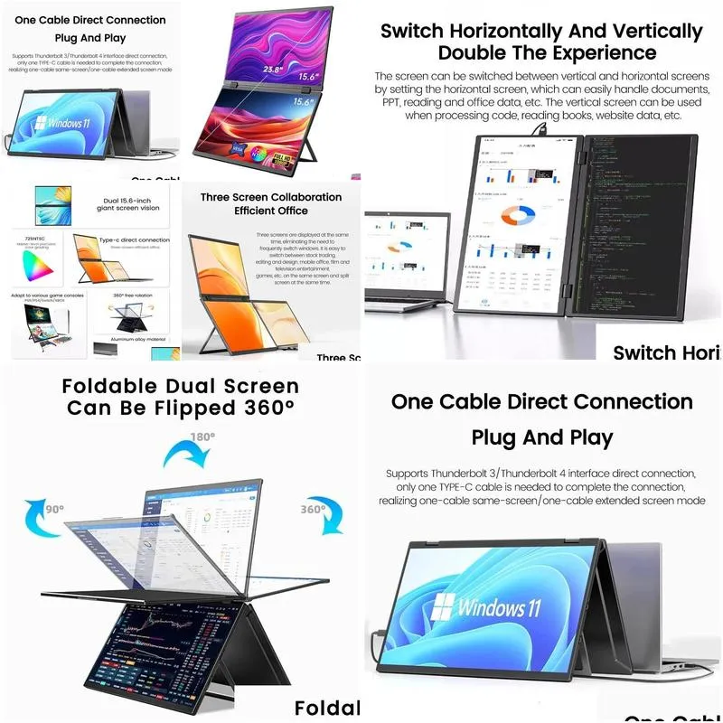 15.6 Inch Dual Screen Portable Monitor 1080P FHD With 360ﾰ Flip VESA External Screen For PC Laptop  Phone Xbox PS4/5 Switch 240327