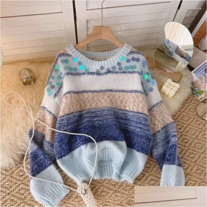 Women`s Sweaters Gentle Wind Contrast Color Round Neck Soft Glutinous Sweater Autumn And Winter Women`s Lazy Style Long-sleeved