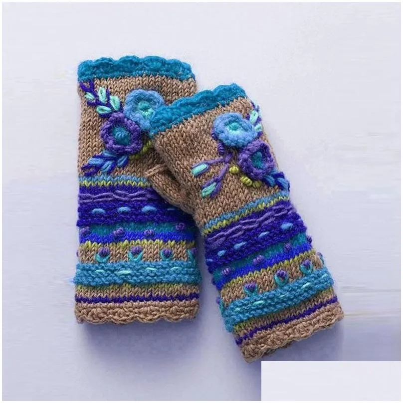 Five Fingers Gloves Womens Winter Warm Casual Flower Knit Handwarmers Mittens Drop Delivery Dh9F3