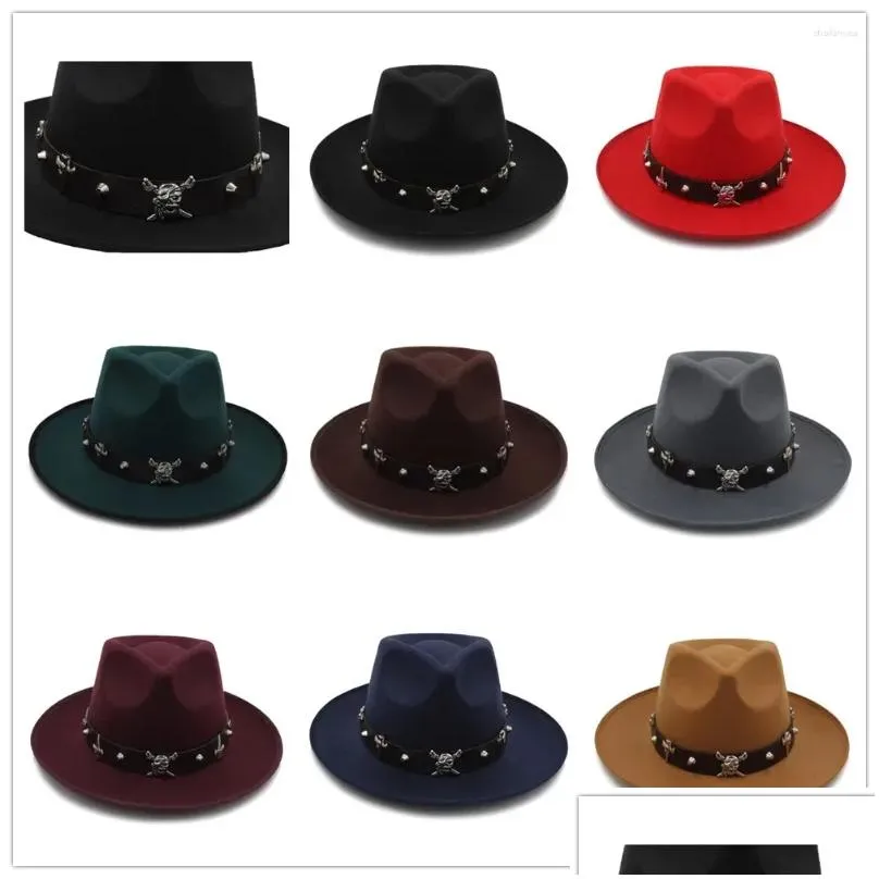 Berets Fashion Men Felt Fedora Hat For Winter Autumn Fascinat Jazz Gentleman Sombrero Dad Punk Pirate Belt Size 58Cm Drop Delivery Dhnxe