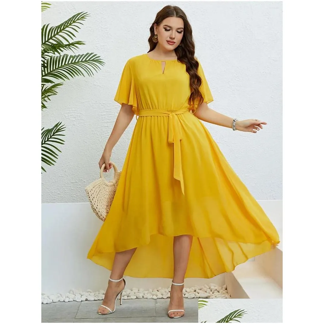 Plus Size Dresses Women Solid Color Cut Out V-Neck Dress A-Line Short Butterfly Sleeve Party Robe Casual Lady Vacation Large Belt Gown