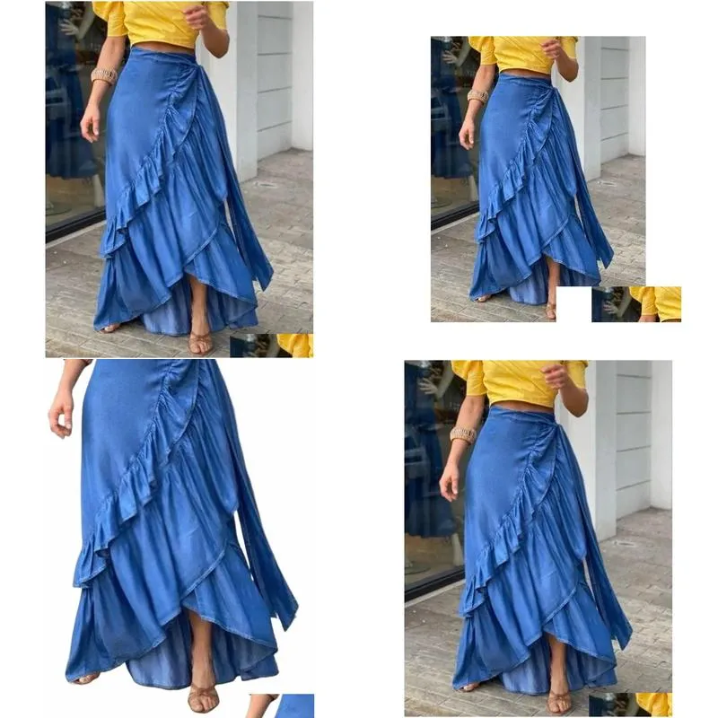plus Size Women Denim Skirt A-Line Elegant Streetwear Party Club Y2K Vintage Plain Ruffle Hem Knot Waist Maxi Skirt 2023 New 64bK#