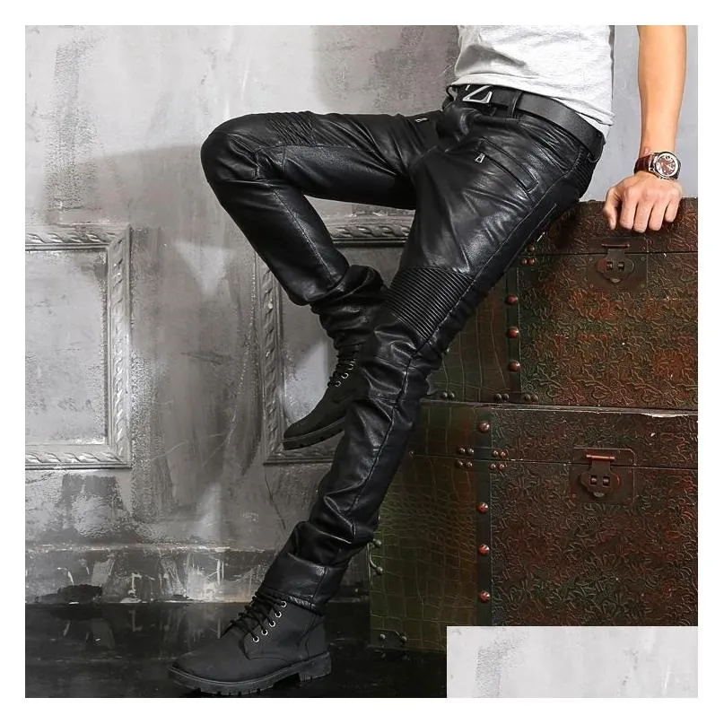 Men`S Jeans Mens Leather Trousers Men Motorcycle Black Pants Fashion Pu Riding Waterproof Motor Biker Male Street Plus Size 230330 Dr Dhn75