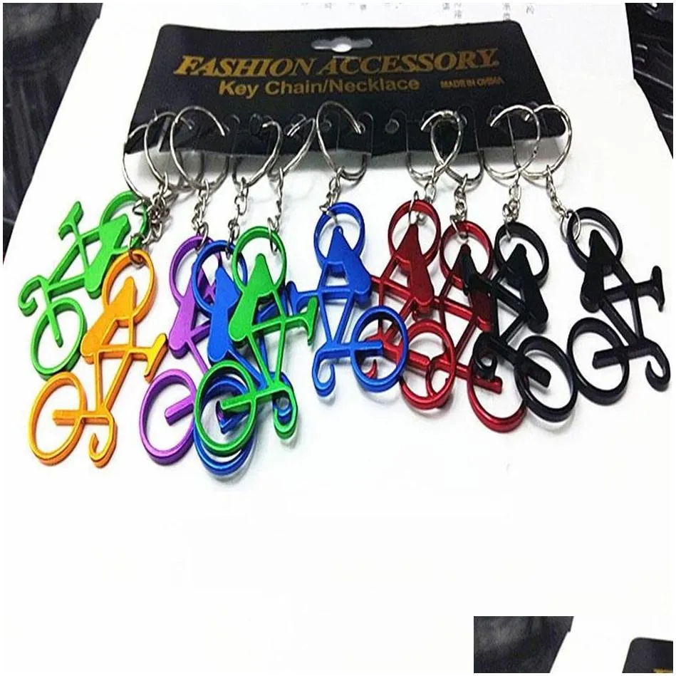 120pcs Mixed Colors Bicycle Key Chains Bike Key Rings Bottle Wine Beer Opener Bar Tool Metal Keychains Jewelry Keyrings Gifts268G