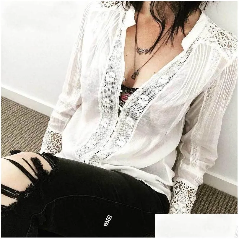 GypsyLady White Blouse Shirt Lace Inserted Chic Boho Blouse Loose Long Sleeve Vneck Elegant Shirt Female Tunic Top Blusas 210401