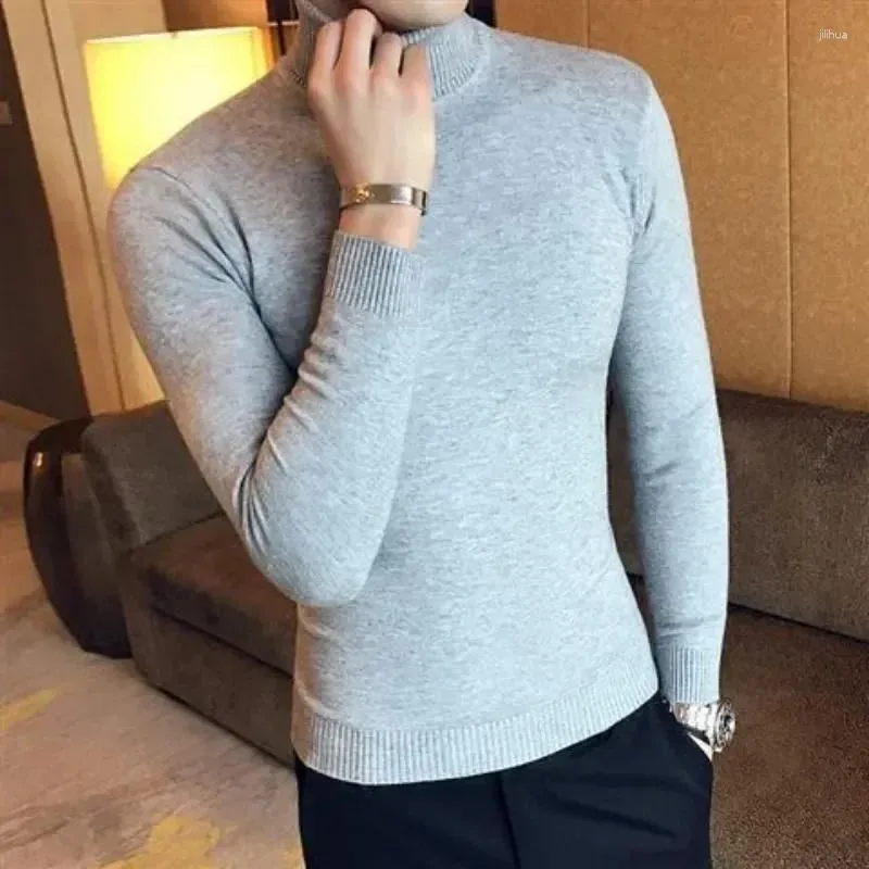 Men`s Sweaters Knitted For Men Plain High Collar Man Clothes Red Solid Color Korean Style Turtleneck Pullovers Heated Cotton Casual S