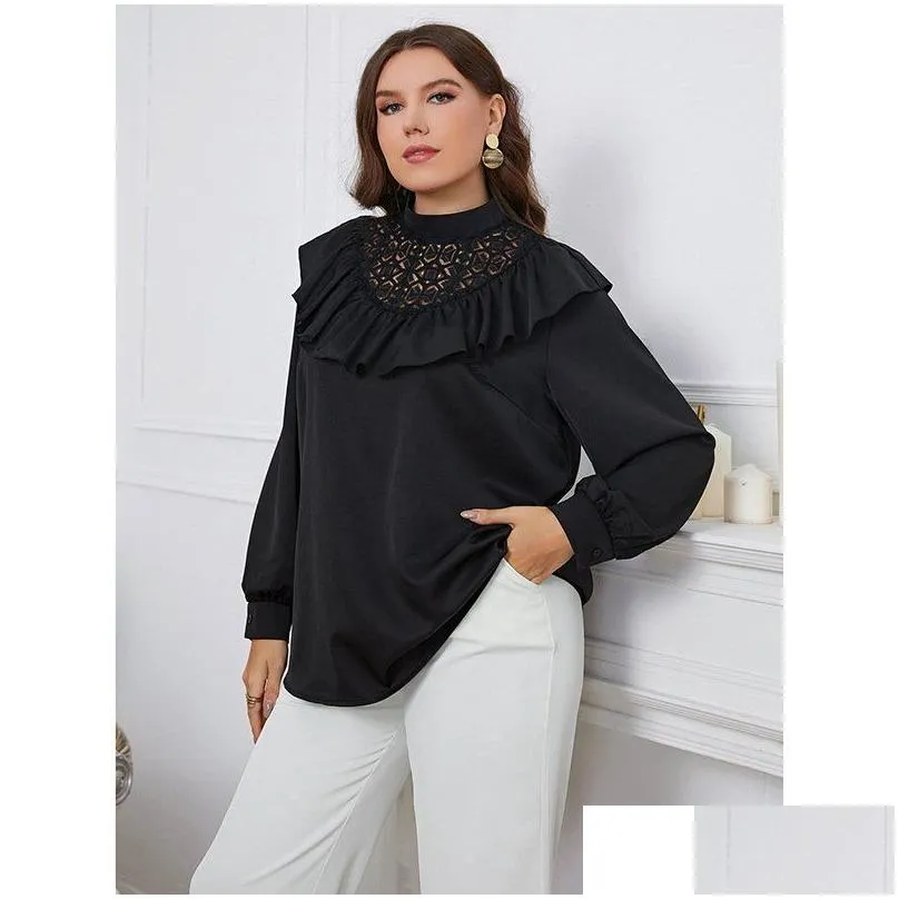 fi Plus Size Women Blouse Temperament Versatile Ruffled Round Neck Large Lady Tops Lg-sleeved Solid Color Elegant T-shirt k6jI#