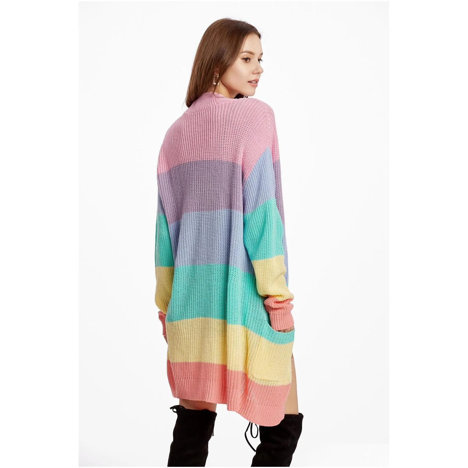 Womens elegant Loose Sweater Yellow Casual Coat Women Rainbow striped long cardigan female Autumn Winter knitted sweater Jacket 201221