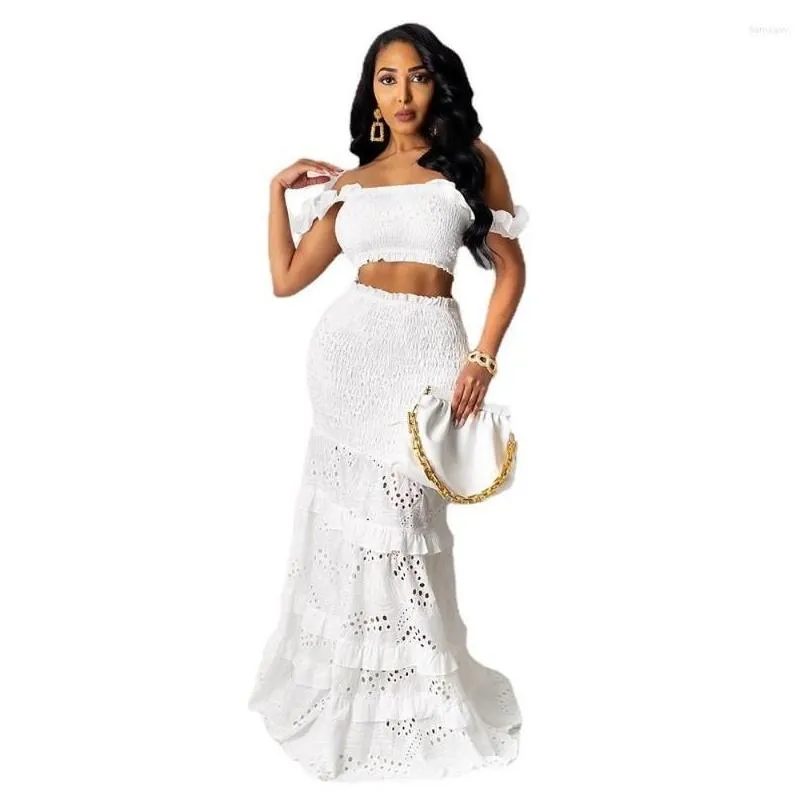 Work Dresses Summer Women Outfits White Maxi Long Skirt Two-piece Set Crop Tops Fishtail Lace Hollow High Waist Sexy Party Matching