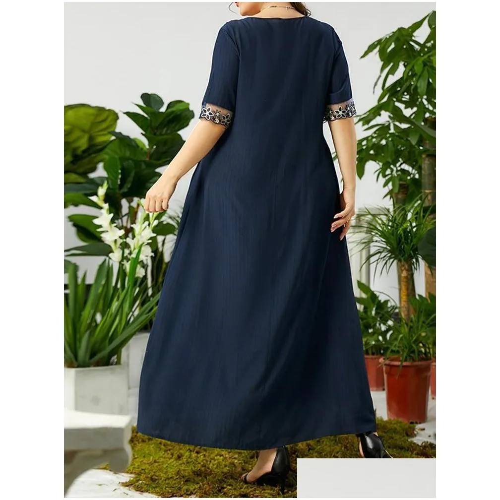 Plus Size Dresses Loose Summer Woman 2022 V Neck Short Sleeve Embroidery Floral Patchwork Elegant Maxi Long Dressplus Drop Delivery Ap