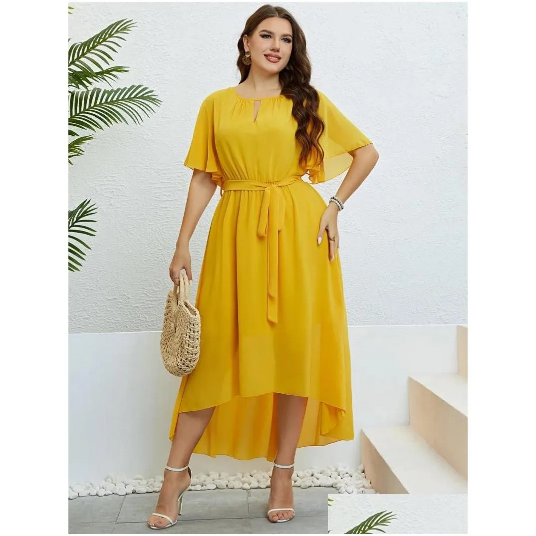 Plus Size Dresses Women Solid Color Cut Out V-Neck Dress A-Line Short Butterfly Sleeve Party Robe Casual Lady Vacation Large Belt Gown