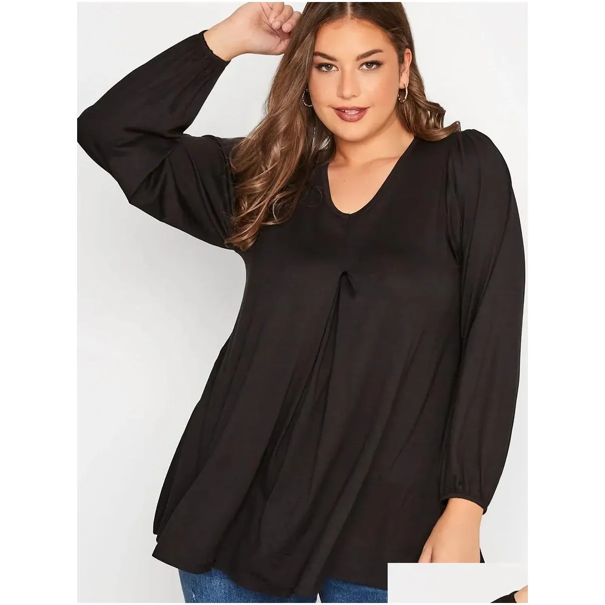 Tops Plus Size Long Sleeve Spring Autumn Elegant Swing Top Women Pleated Front Loose Black Tunic Large Size Casual Blouse 6XL 7XL 8XL