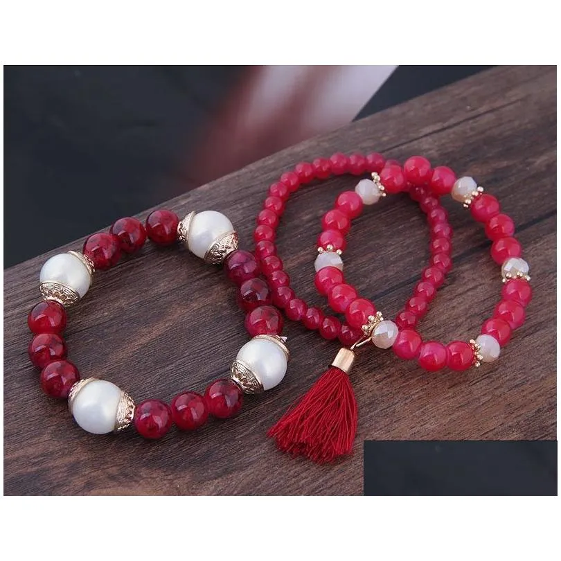 2019 Bohemian 3pcs Set Tassel Charm Pendant Beads Bracelets For Women Simulated Pearl Jewelry Womens Bracelet Set Boho273T