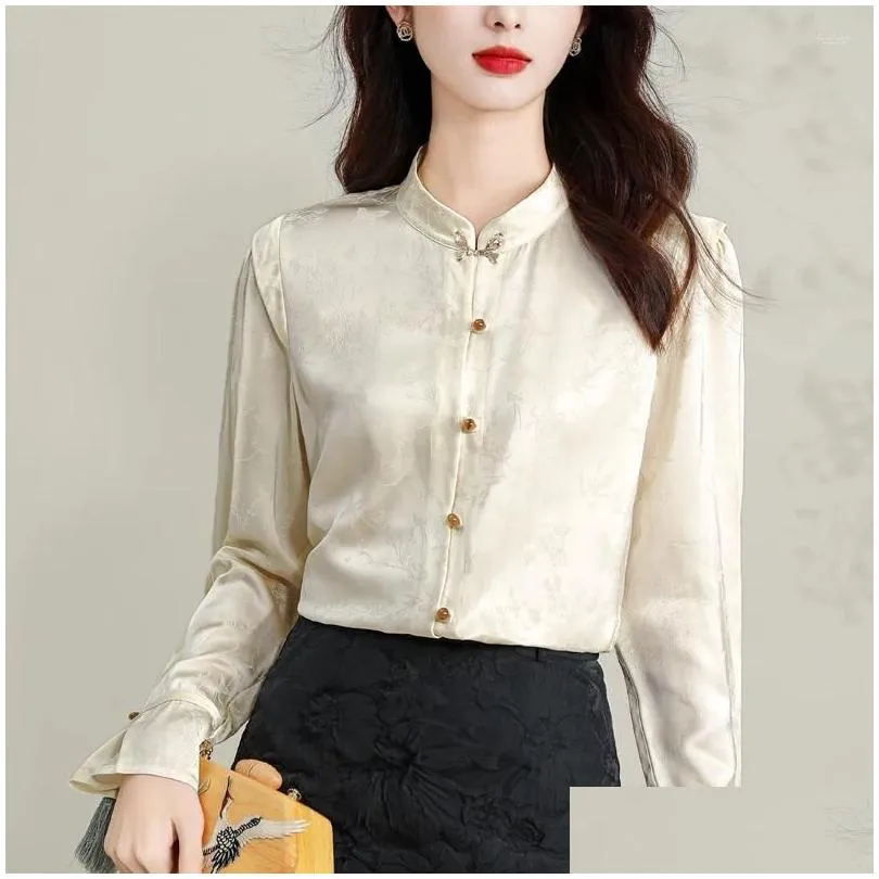 Women`s Blouses Satin Chinese Style Shirt Flower Vintage Silk Fashion Clothing Loose Long Sleeves Women Tops YCMYUNYAN