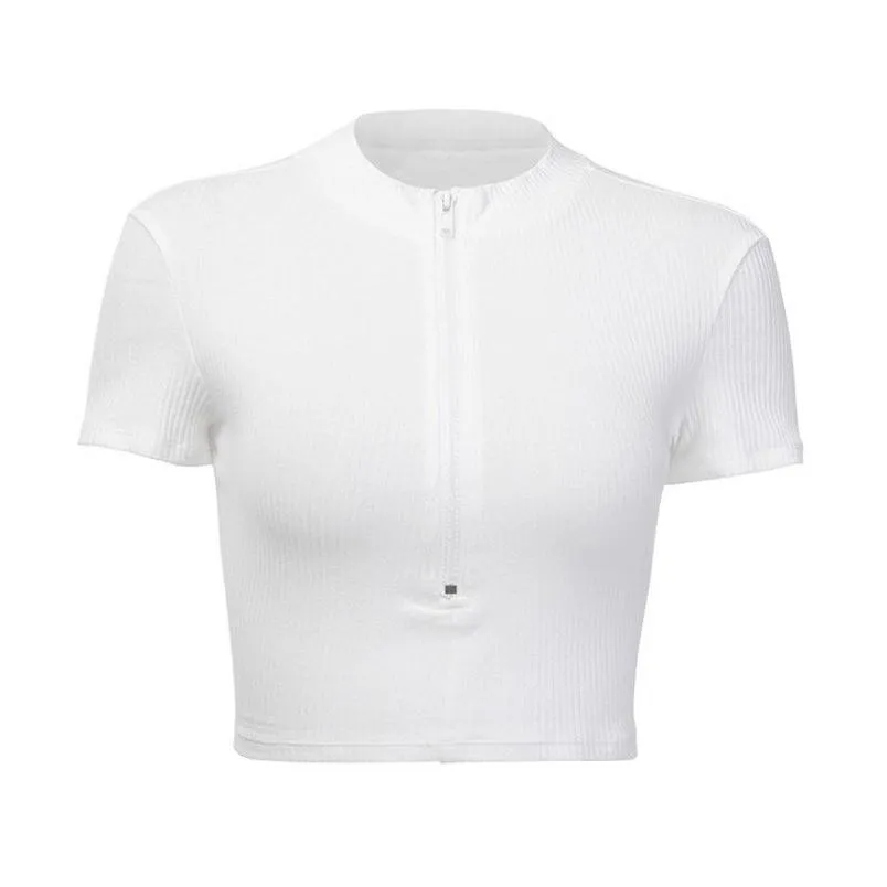 Women Casual Cotton T Shirts White Black Zipper V Ncek Crop Top Short Sleeve Summer Slim Sexy