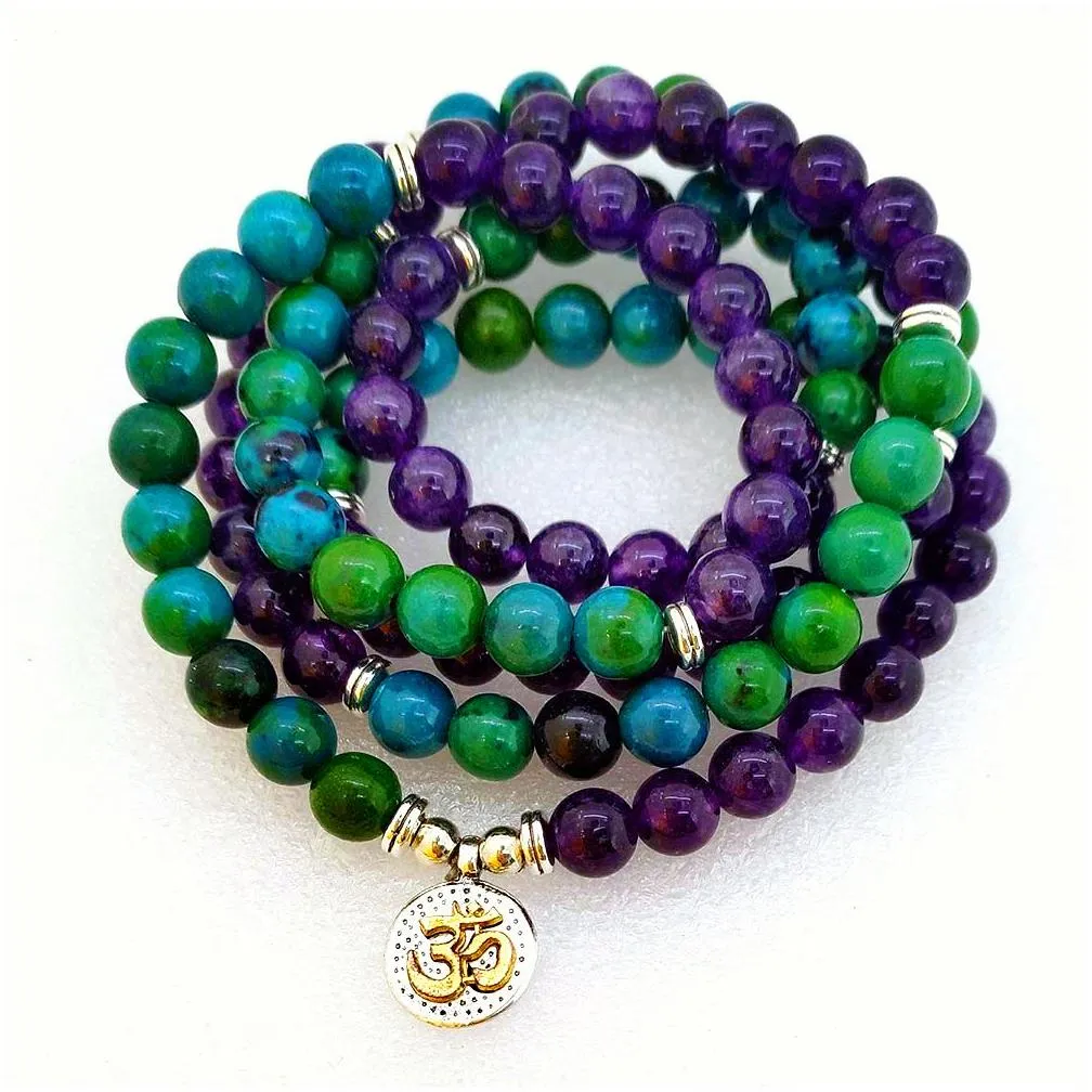 Beaded 6Mm 108 Prayer Beads Mala Necklace Or Bracelet Lotus Buddhist Charm Jewelry Amethysts Chrysocolla Drop Delivery Bracelets Dhbxw