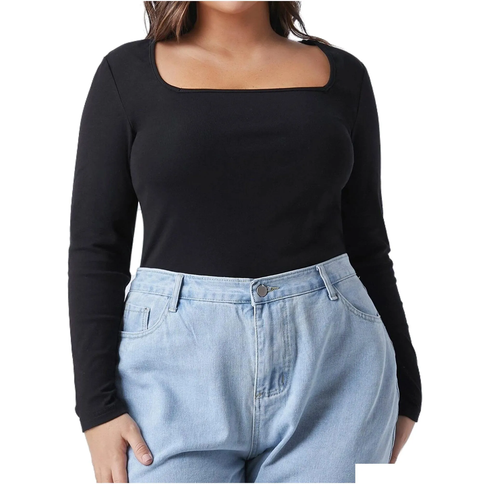 plus Size Elegant Fi Spring Autumn Lg Sleeve Blouse Women Black Square Neck Casual T-Shirt Female Large Size Tops 6XL 7XL X89B#