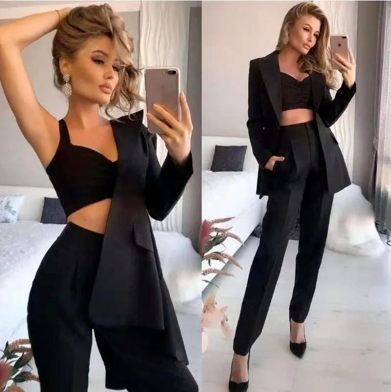 Women`s Two Piece Pants Women Suit Commuter Wrapped Chest Thinner Mid-length Long-sleeved Small Harem Trousers Loose Solid Color