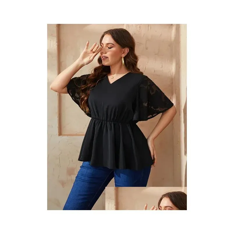 plus Size V Neck Women Blouse See Through Short Ruffle Sleeves Top Shirts Solid Color Loose Casual Elegant Tee Summer Clothing t8LU#