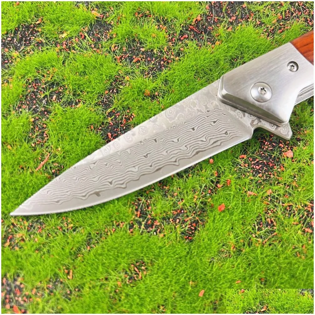 Special Offer A6713 High Quality Flipper Folding Knife Damascus Steel Blade Rosewood Handle Ball Bearing Fast Open Outdoor Camping Hiking Fishing EDC Folder