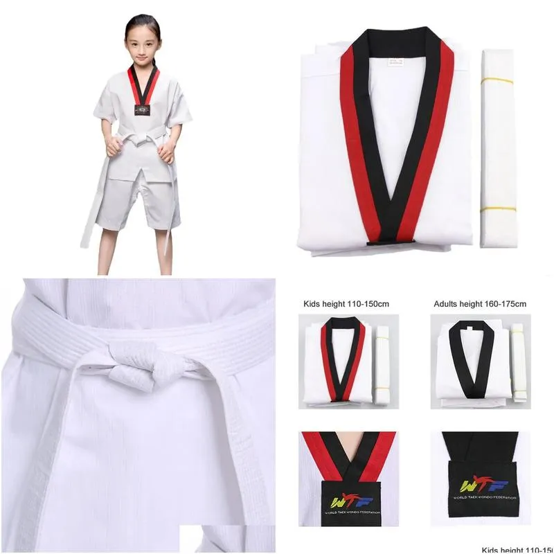 Products 2023 TKD Costumes Clothing White Taekwondo Uniforms WTF Karate Judo Dobok Clothes Children Adult Unisex Half Sleeve Gi