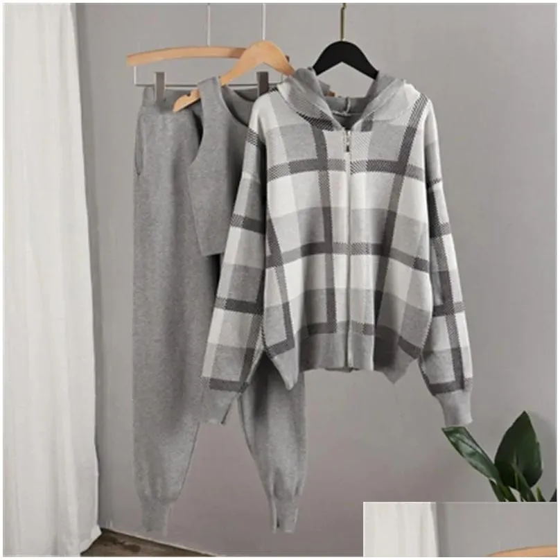 Women`s Two Piece Pants Three-piece Tracksuit Autumn Winter Female Jacquard Plaid Cardigan Wide Leg Trousers Casual Vest Women Sets Three