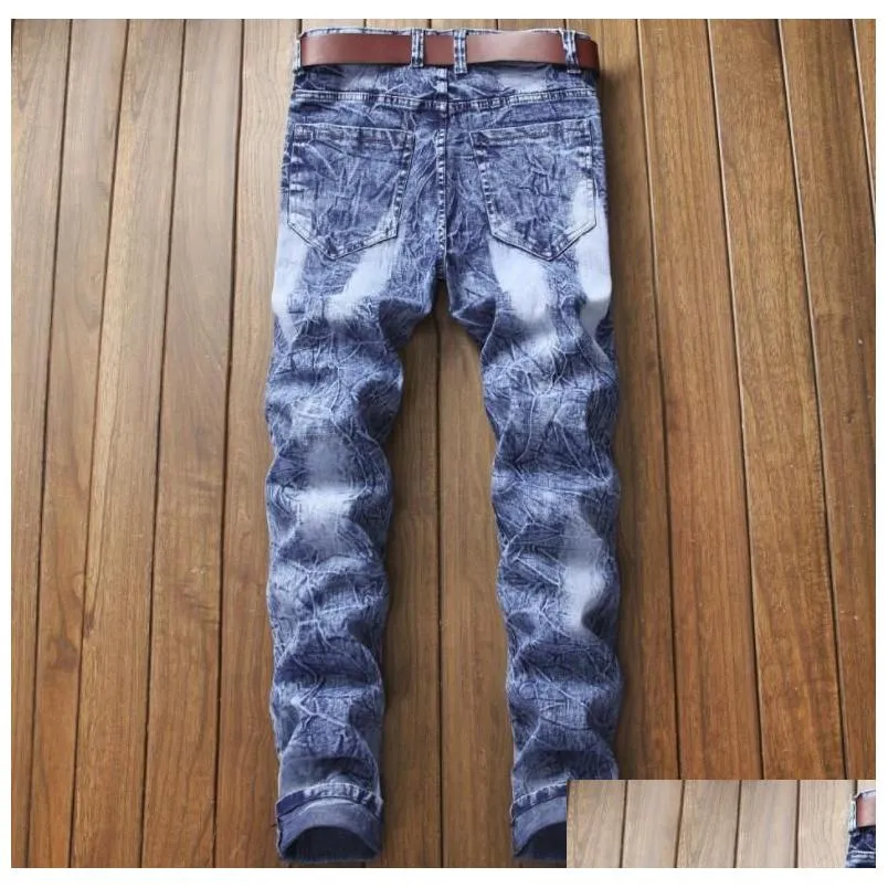 Men`S Jeans Snow Fashion Brand Wash Biker Mens Casual Ripped Died Cotton Denim Straight Long Trousers Stretch Slim Drop Delivery Appa Dhi0D