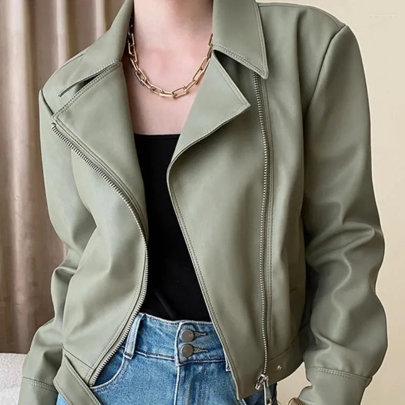 Women`s Leather Stand Collar Zipper Jackets Motorcycle PU Coats Women 2024 Autumn Street Long Sleeve Cropped Coat In Outerwears