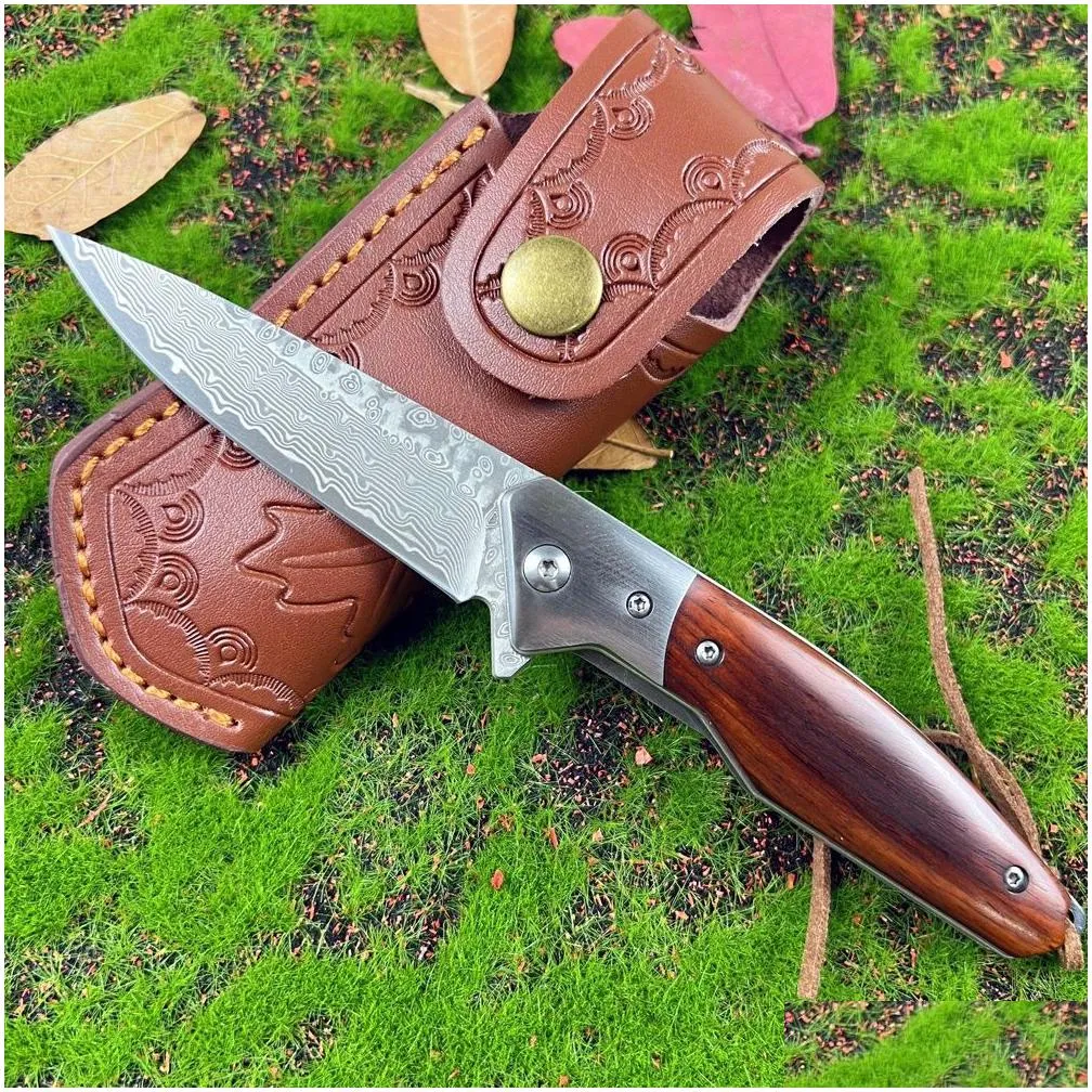 Special Offer A6713 High Quality Flipper Folding Knife Damascus Steel Blade Rosewood Handle Ball Bearing Fast Open Outdoor Camping Hiking Fishing EDC Folder