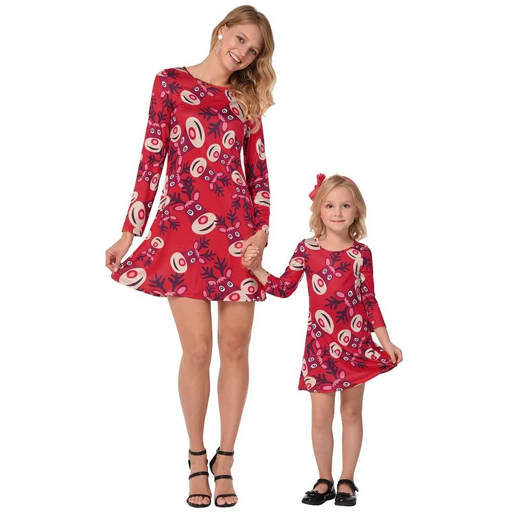 Christmas Dresses Mommy And Me Family Matching Clothes Mother And Daughter Matching Dresses Christmas Deer Head Printed Family