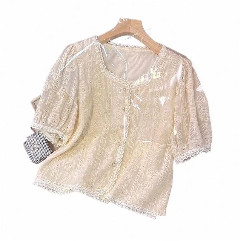 plus Size L-4XL Sweet Beautiful Shirts And Blouse Women Summer Short Sleeve Lace Tops Female Free Ship Clothing 2024 New N6Ly#