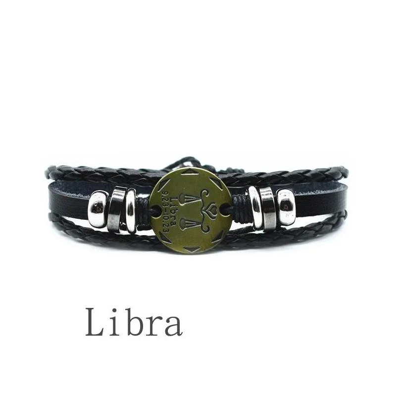 adjustable men leather bracelet cuffs vintage punk 12 constellation beaded male black wristband friendship bracelet for women charm
