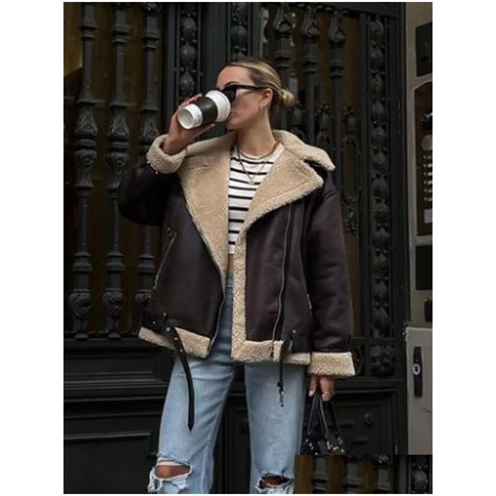 Women`s Jackets Suninheart Fashion Faux Fur Jacket with Zipper Women Long Sleeve Double-sided Jackets Warm Coat Female Casual Lapel cold coat
