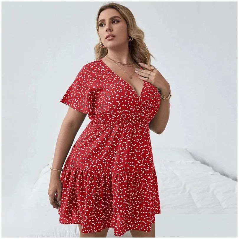 plus Size Floral Print Summer Casual Tiered Dr Women Short Sleeve Heart Pattern Boho Dr Large Size Fit Flare A-line Dr H85x#
