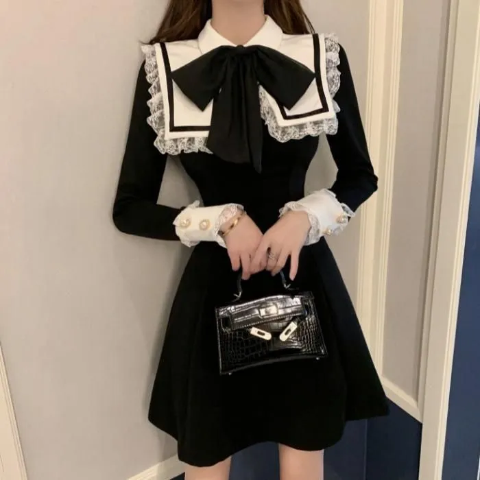 Casual Dresses Of Fund 2021 Autumn Outfit Temperament Navy Collar Lace Bowknot Long-sleeved Dress Female Restoring Ancient Ways