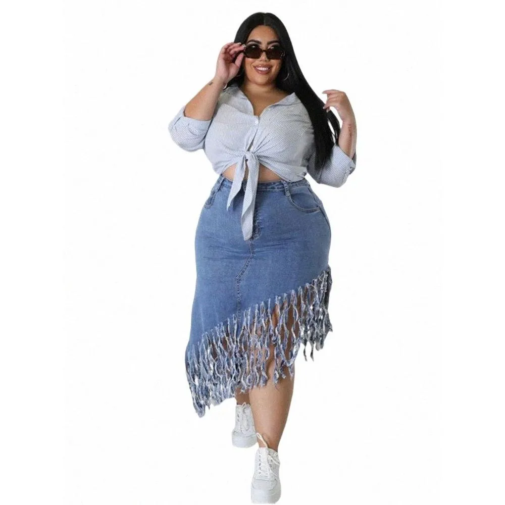 wmstar Plus Size Only Skirts Women`s Clothing Denim Maxi with Tassel Sexy Bodyc New In Outfits Wholesale Dropship 2023 o47q#