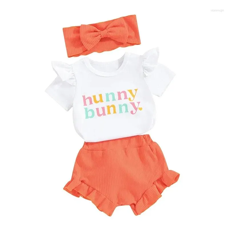 Clothing Sets My 1st Easter Baby Girl Outfit 3Pcs Round Neck Short Sleeve Romper 3D Tail Headband Clothes Set