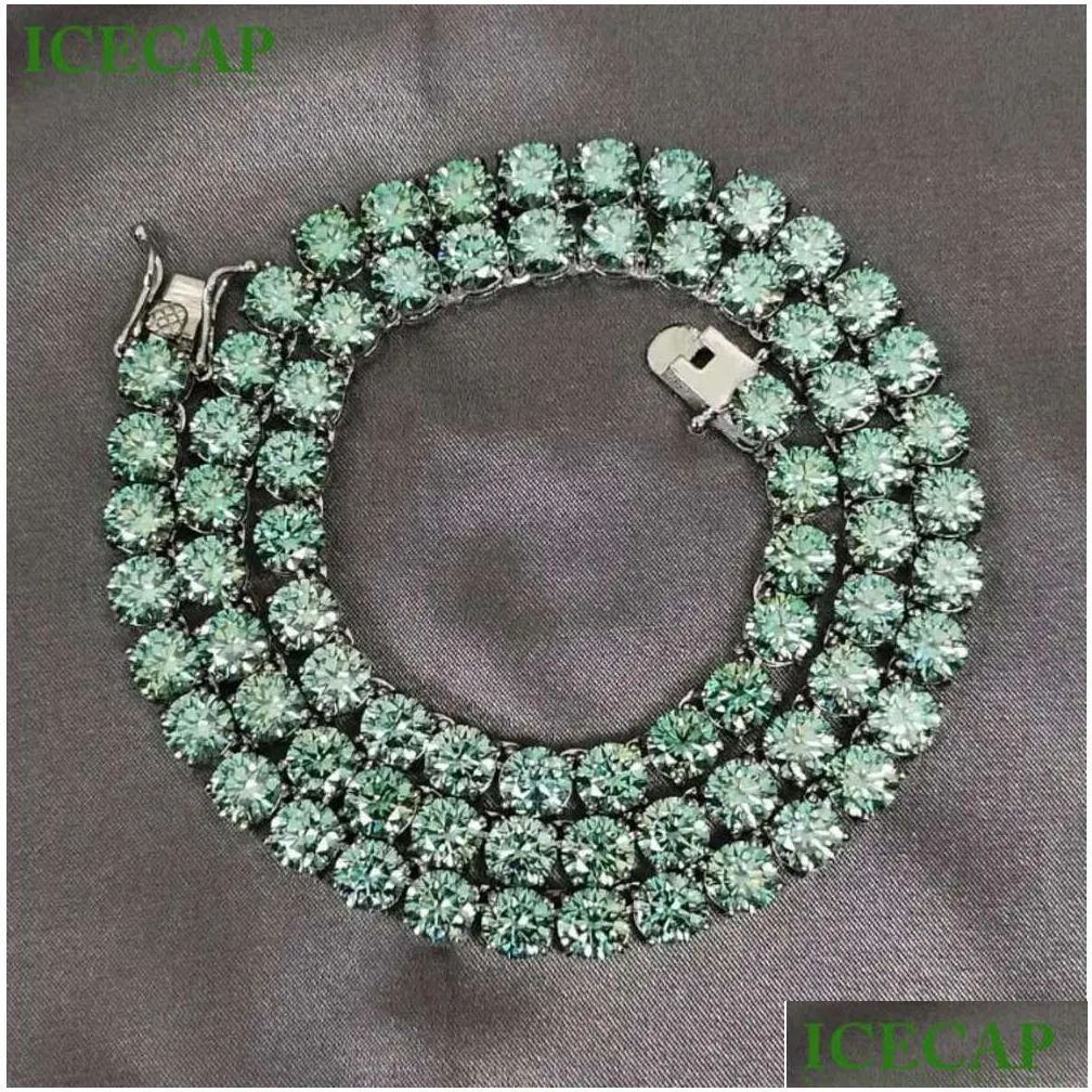 Gra Moissanite Diamond Tennis Chain Wide 8mm Round Cut Rare Green Blue 925 Silver Moissanite Hip Hop Tennis Chain