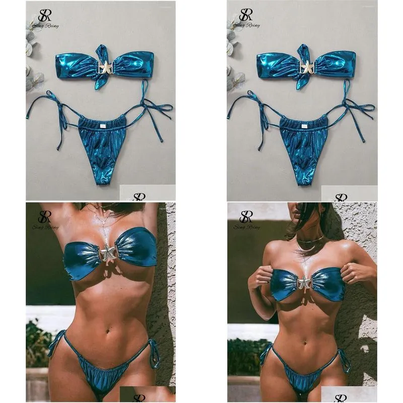 Bras Sets Singreiny Women Vacation Style Sensual Bikini Suits Ladies Strapless Lace Up Sheath Underwear Fashion Shinny Y Swimsuits Dr Otxmz