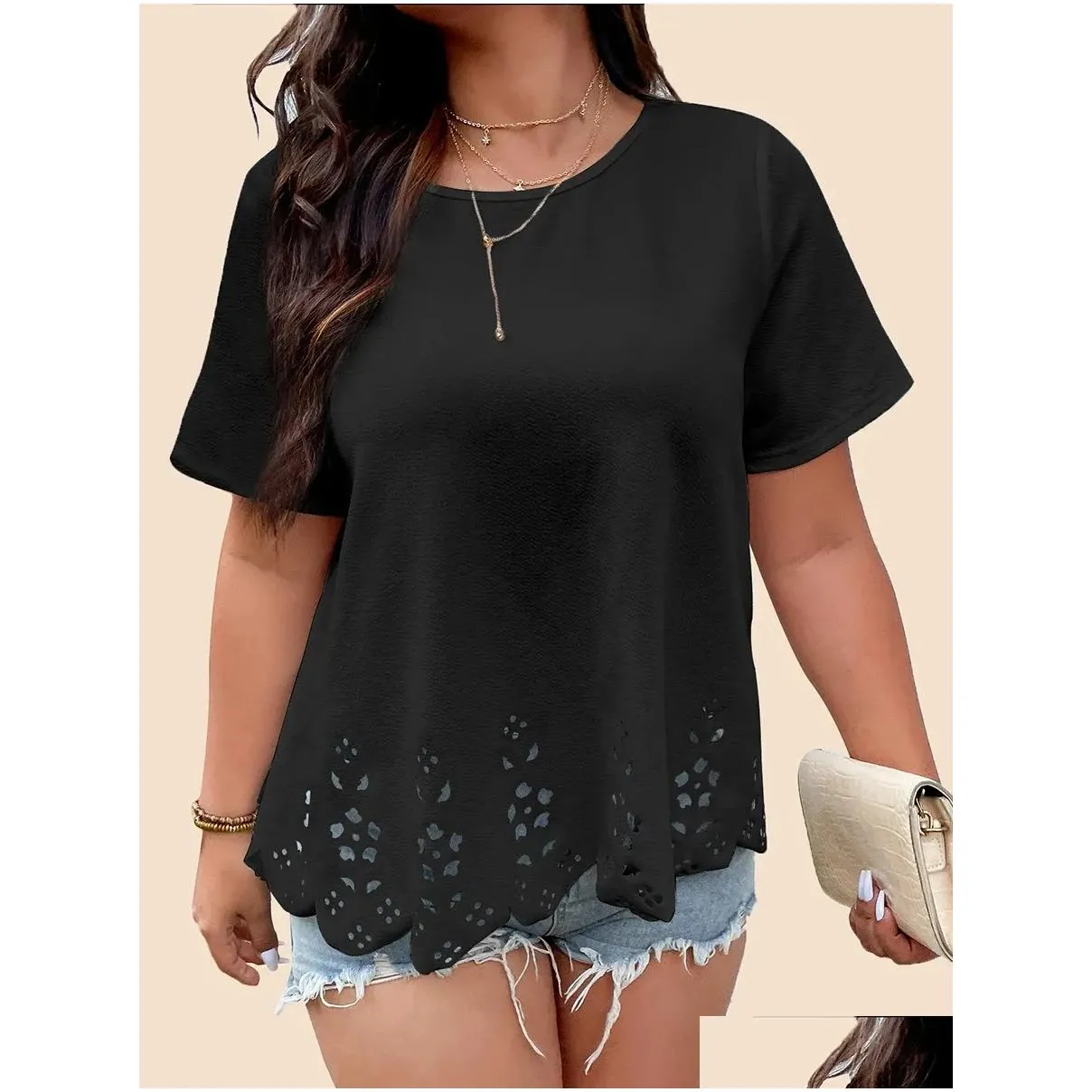 Tops Finjani Tshirts Plus Size Women Clothing Dark Green Loose Short Sleeves Tee High Quality Polyester Fiber Women`s Blouses