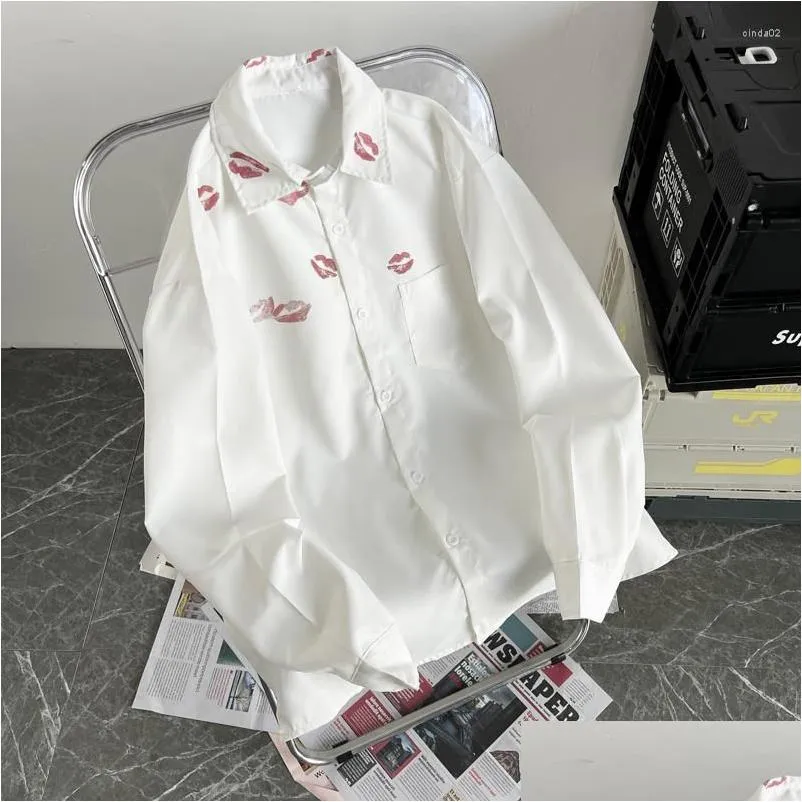 Men`s Casual Shirts Mens Printed Fashion Simple All-match White Chic Loose Long Sleeve Teens Unisex Shirt Button Up Blouses