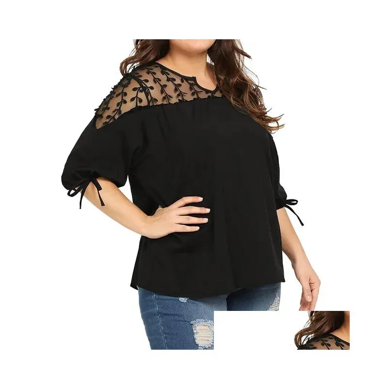 women Plue Size Blouses Tops Lace Mesh Sheer Chiff Ribbs Lantern Half Sleeve Net Yarn Blouses Top Oversizeed Shirts Blusas c2TO#