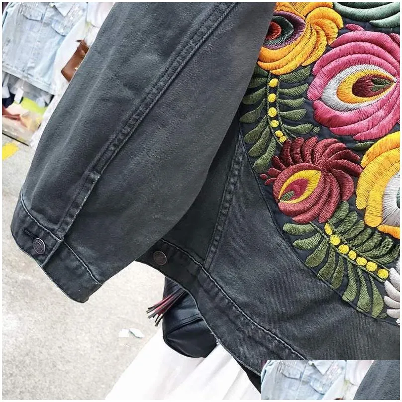 Women`s Jackets JSXDHK Streetwear Floral Embroidery Denim Jacket Coat Vintage Women Spring Autumn Turn Down Collar Loose Casual  Outwear