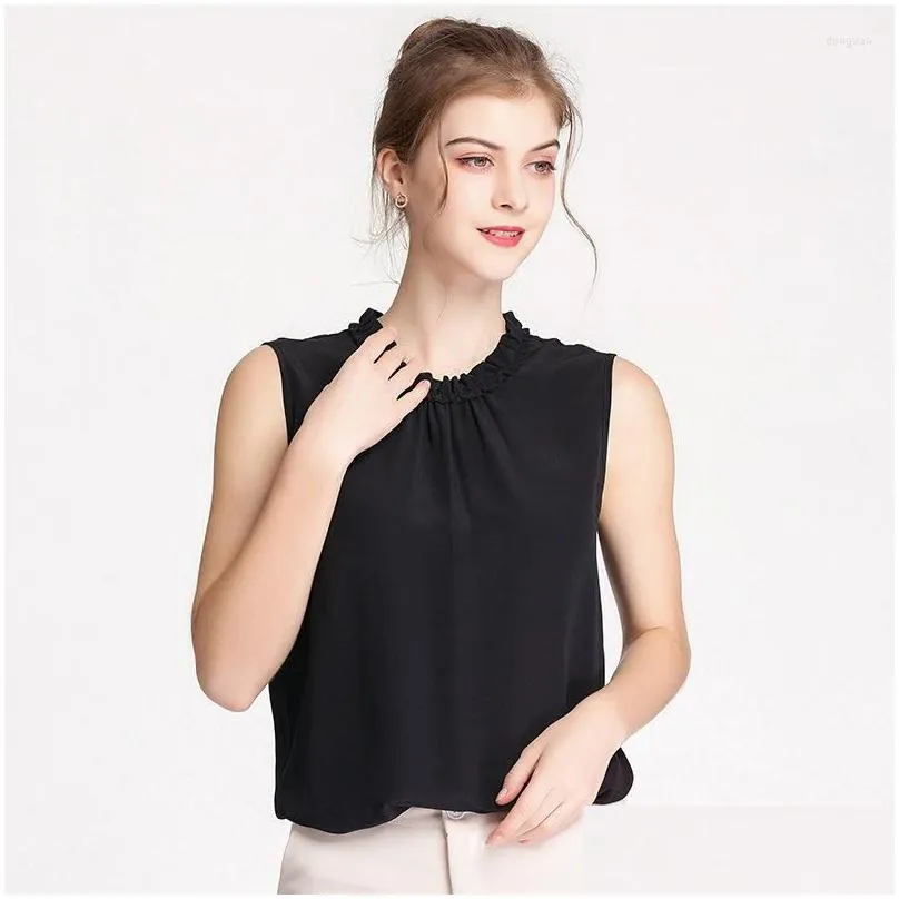 Women`s T Shirts Pure Silk Women`s O-neck Sleeveless Simple Loose Solid Color Chiffon Undershirt Tops