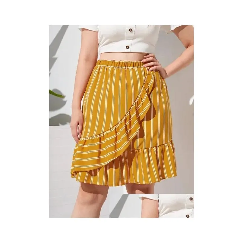 plus Size Elastic Waist Summer Elegant Floral Skirt Women Ruffle Trim Casual Midi Stripe Skirt Female Large Size Boho Skirt 7XL q6tP#