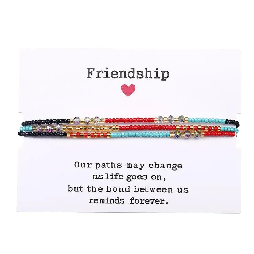 friendship charm bracelets braided rope rice bead strands with paper card fashion adjustable women beaded bangles multilayer crystal beads gift jewelry