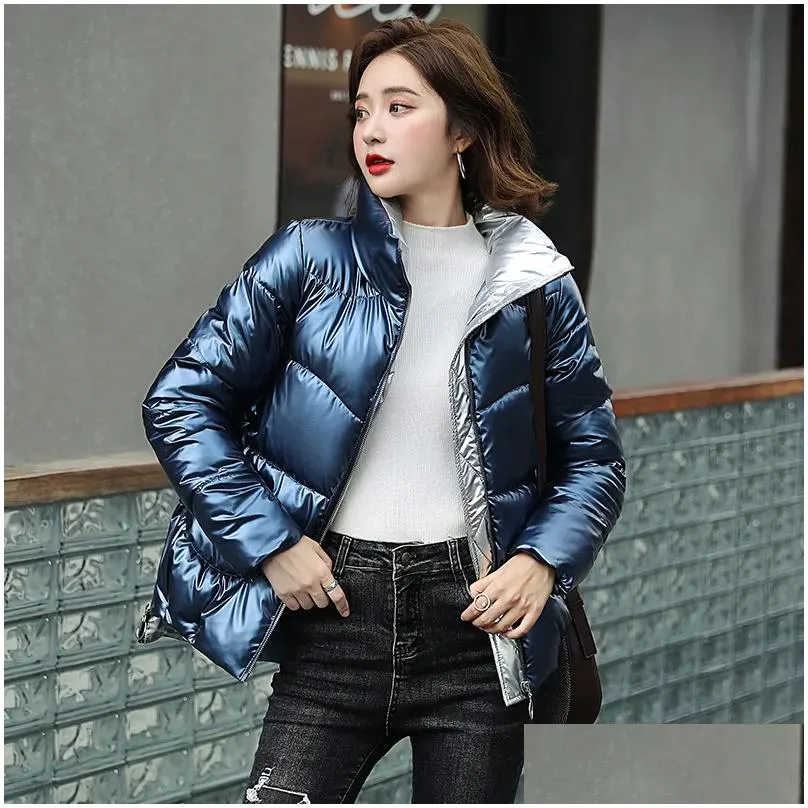 Women Parkas Short Glossy Down Cotton Jacket Coats Zipper Padded Waterproof parka Pocket Stand collar Shiny coat 201027